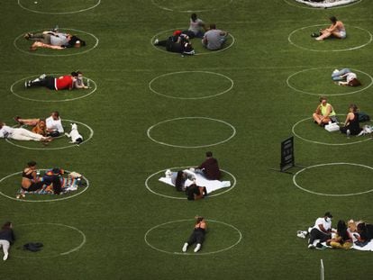 Círculos sobre la hierba del Domino Park, en Nueva York,  el pasado18 de mayo.
