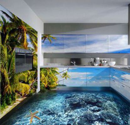 Cocina en la que el pavimento es el fondo marino y los armarios la vegetación de una isla.