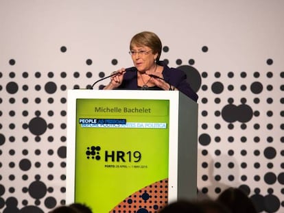 Michelle Bachelet, alta comisionada de la ONU para los Derechos Humanos, en la conferencia de reducción de daños de Oporto. 