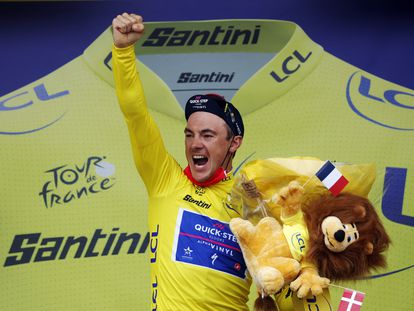 Lampaert, en el podio de Copenhague, con el maillot amarillo.