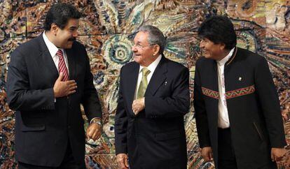 Maduro, Castro y Morales en la Cumbre del Alba el 14 de diciembre.