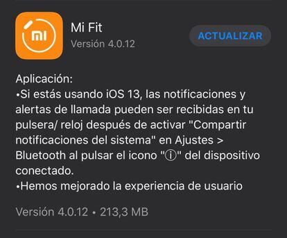 Alerta de actualización Xiaomi Fit para iOS.
