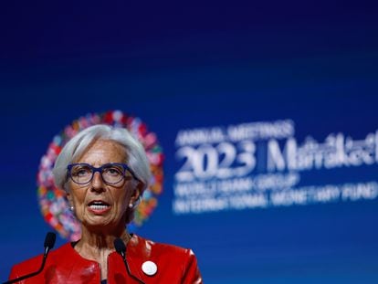 La presidenta del BCE, Christine Lagarde, durante las reuniones anuales del FMI y el Banco Mundial.
