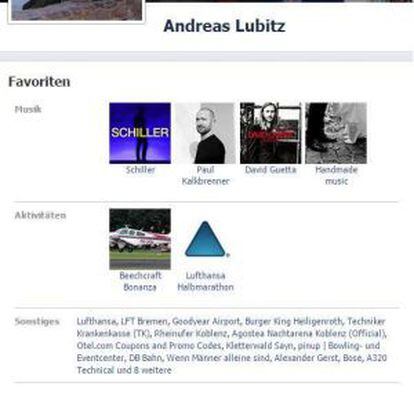 Captura de los favoritos de Facebook de Andreas Lubitz.