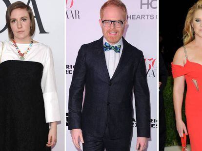 Los actores Lena Dunham, Jesse Tyler Ferguson y Amy Schumer.