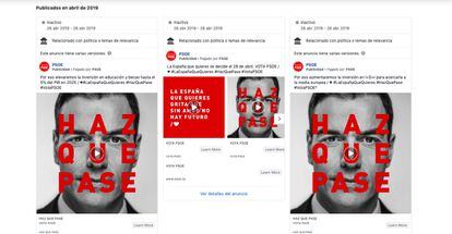 Algunos de los anuncios patrocinados por el PSOE, donde prima la imagen de Pedro Sánchez