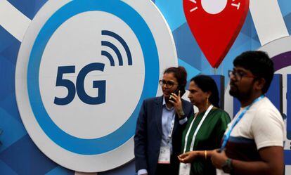 Un cartel del 5G, en una feria de telefonía, en Nueva Delhi el pasado octubre.