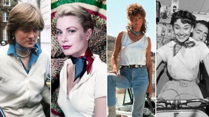 Lady Di, Grace Kelly, Susan Sarandon en Thelma & Louise y Audrey Hepburn luciendo un pa�uelo en el cuello al estilo twilly.