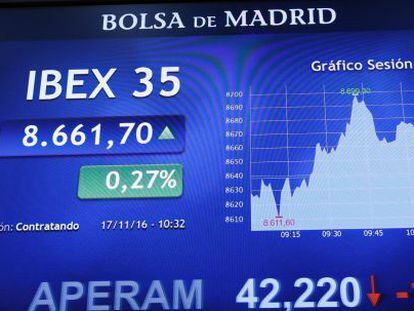 Un panel donde se puede seguir la evoluci&oacute;n del Ibex, en la Bolsa de Madrid.
