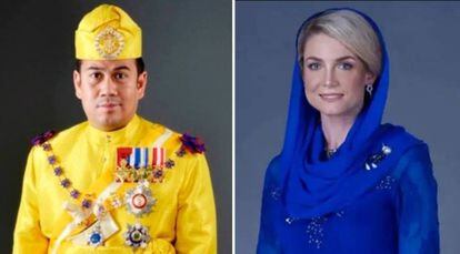 El príncipe Tengku Muhammad Faiz Petra y su prometida, Sofie Louise Johansson, en sus retratos oficiales proporcionados por palacio.