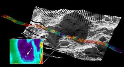 En color, medidas de temperatura tomadas 90 segundos después del impacto de la sonda LCROSS en el cráter Cabeus por un instrumento de <i>Lunar Reconaissance Orbiter</i>. El punto señalado con la flecha es el impacto.