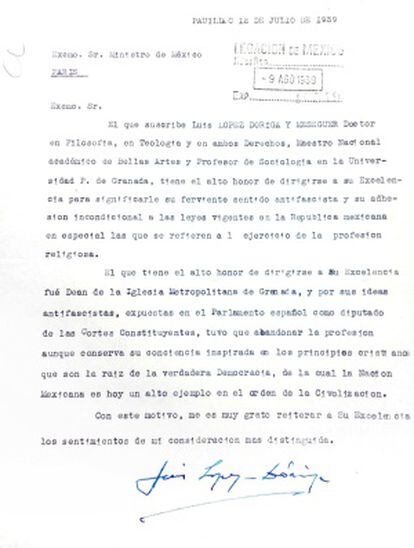 Carta de Luis López Dóriga de 1939.