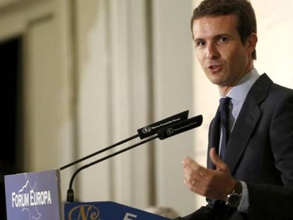 Pablo Casado, aquest matí en un esmorzar informatiu.