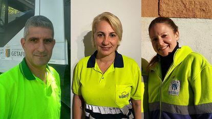 Raúl Fernández, Rocío Risueño y Eva González, tres trabajadores del sector de recogida y clasificación de basura.