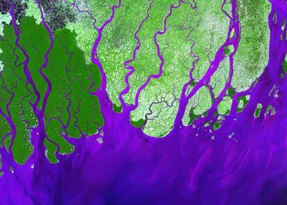 El delta del río Ganges, que muere en el Índico (color añil) es uno de los más amenzados por las inundaciones.