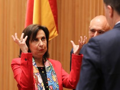 La ministra de Defensa Margarita Robles durante la Comisión de Defensa en el Congreso de los Diputados el 4 de mayo.