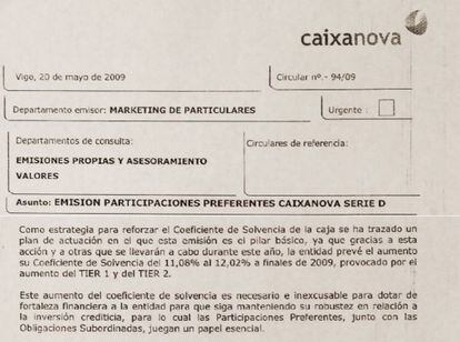 Extracto de circular interna de Caixanova de mayo de 2009.