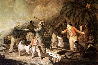 Tr&aacute;fico de esclavos, en un grabado de Rollet a partir de un cuadro de George Morland.