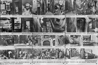 'Collage' con las fotos de Michaelis en la exposición 'La Nova Barcelona', celebrada en julio de 1934. Arriba, el niño rapado usado por el GATCPAC para mostrar la miseria de esta zona de la ciudad, una imagen que en realidad captó Isaac Saporta en 1932. / AFB