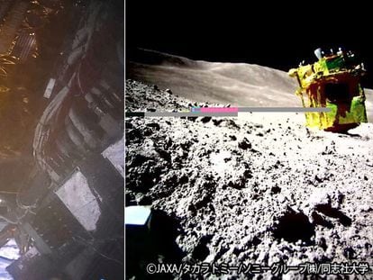 On the left, the 'Odysseus' module on its side with a broken leg. Right: the Japanese 'SLIM' spacecraft with its nose and thrusters facing up.