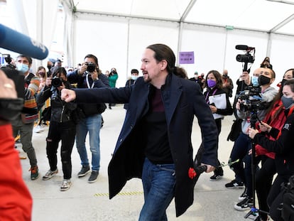 El candidato de Unidas Podemos, Pablo Iglesias, en un acto de campaña celebrado en Collado Villalba.