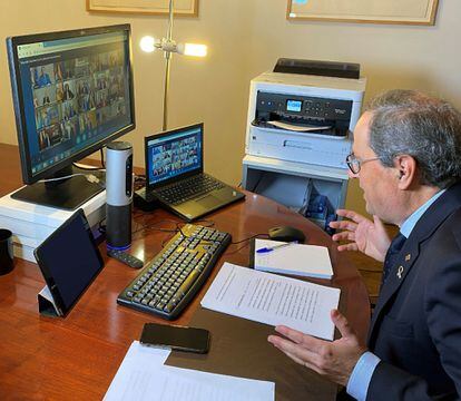 El president Quim Torra durante la reunión telemática de presidentes autonómicos con el presidente Pedro Sánchez.