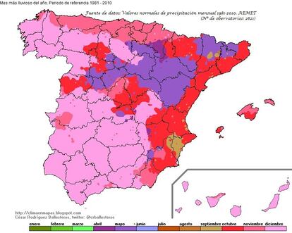 En la mayor parte de España el mes más luvioso del año es octubre, noviembre, diciembre o mayo. Abril solo lo es en la mitad sur de Navarra.