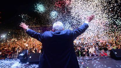 López Obrador, durante el acto de celebración de su victoria electoral