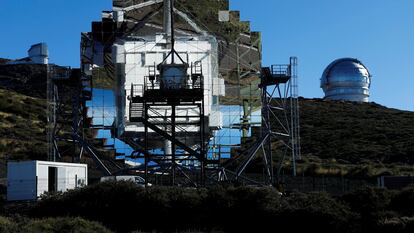 In the foreground is seen the Magic II telescope and on the right the largest telescope in the world GTC. The eruption of Spain?s Cumbre Vieja volcano is disrupting activity at the Roque de Los Muchachos observatory. On the Canary Island of La Palma, Spain. October 28, 2021. Picture taken October 28, 2021. REUTERS/Borja Suarez