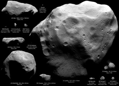 Mosaico de imágenes de los asteroides -y sus tamaños relativos- visitados por naves espaciales hasta junio de este año, preparado por Emily Lakdawalla de la Sociedad Planetaria (EE UU)