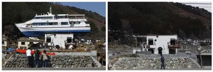 Una imagen tomada en Otsuchi, en la prefectura de Iwate, un mes después del tsunami; y el mismo edificio en la actualidad.