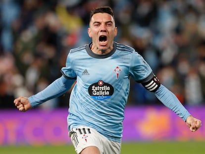 Iago Aspas celebra su gol de penalti en el útlimo segundo al Mallorca.