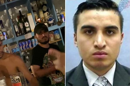 Germán Cáceres, en el bar del hostal en las playas de Palomino (norte de Colombia) a la izquierda. A la derecha, en la imagen del cartel de búsqueda.