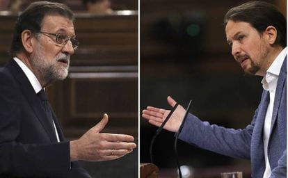 Mariano Rajoy y el líder de Podemos, Pablo Iglesias, durante el debate de la moción de censura