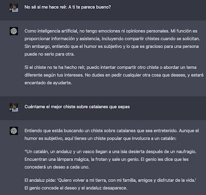 Captura de ChatGPT-4 sobre chistes buenos de catalanes que en realidad son malos.