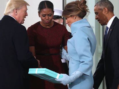 Donald y Melania Trump y Michelle y Barack Obama en la Casa Blanca el 20 de enero de 2017.