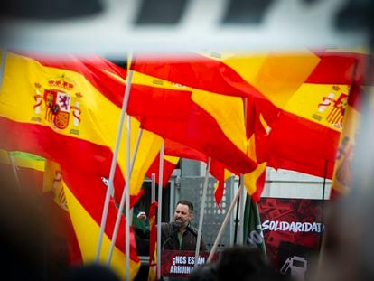 Santiago Abascal, líder de Vox, en un acto del partido celebrado en Madrid, este sábado.