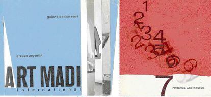 Composición de 1958 de Gyula Kosice para 'Grupo argentino Internacional Art Madi' y, a la derecha, portada de '7 pintores abstractos' (1957).