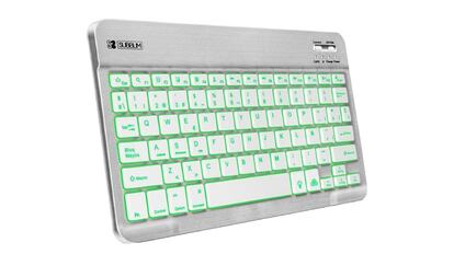 The wireless tablet keyboard pictured can alternate between seven colors to illuminate its keys.