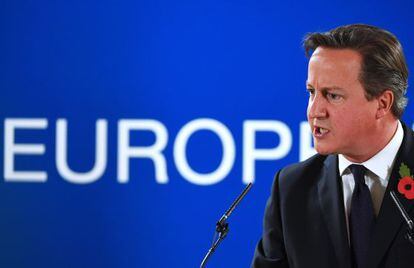 El primer ministro brit&aacute;nico, David Cameron, en rueda de prensa en la cumbre de la Uni&oacute;n Europea en Bruselas.
