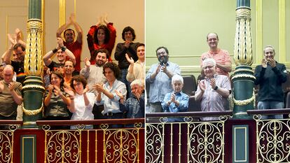 En la imagen de la izquierda, representantes de colectivos LGTBI, en la tribuna del hemiciclo del Congreso de los Diputados, aplaudiendo tras la aprobación de la ley sobre el matrimonio homosexual el 21 de abril de 2005. En la de la derecha, miembros de colectivos LGTBI repiten la foto este martes en el mismo emplazamiento.