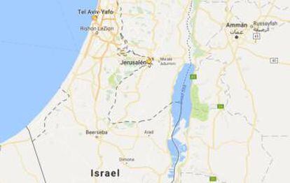 Captura de imagen de Israel y los territorios palestinos. Google no muestra ninguna denominaci&oacute;n para Cisjordania ni para Gaza.