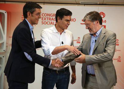 Debate en 2014 de los aspirantes a liderar el PSOE: Eduardo Madina, Pedro Sánchez y José Antonio Pérez Tapias.