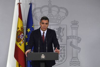 El presidente del Gobierno en funciones, Pedro Sánchez, el jueves durante su declaración institucional tras la exhumación de Franco.