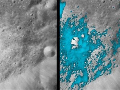Un crater lunar visto identificado por la misión india Chandrayaan 1.