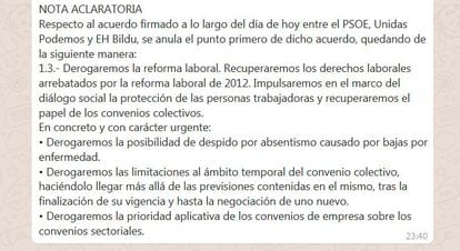 Captura del mensaje enviado por el PSOE a los medios de comunicación en el que rectifican el punto primero del pacto y eliminan la palabra "íntegra".