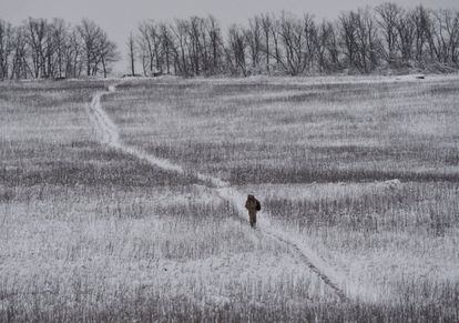 Un militar ucraniano camina cerca de la aldea de Travneve (Ucrania), propiedad del gobierno.