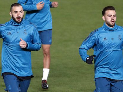 Benzema y Mayoral, en el entrenamiento en Chipre.