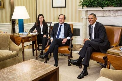 El presidente de Francia Fran&ccedil;ois Hollande durante la reuni&oacute;n con su hom&oacute;logo estadounidense Barack Obama en el despacho Oval. 