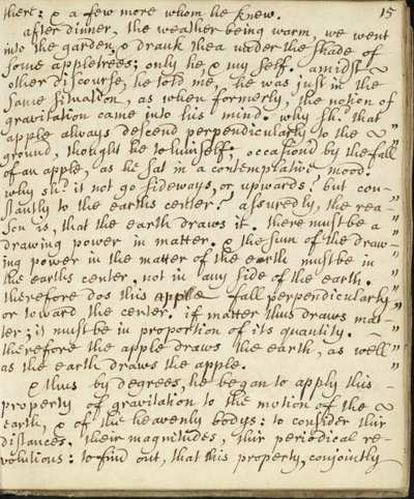 Página de la biografía de Newton escrita por William Stukeley que recoge la anécdota de la manzana.